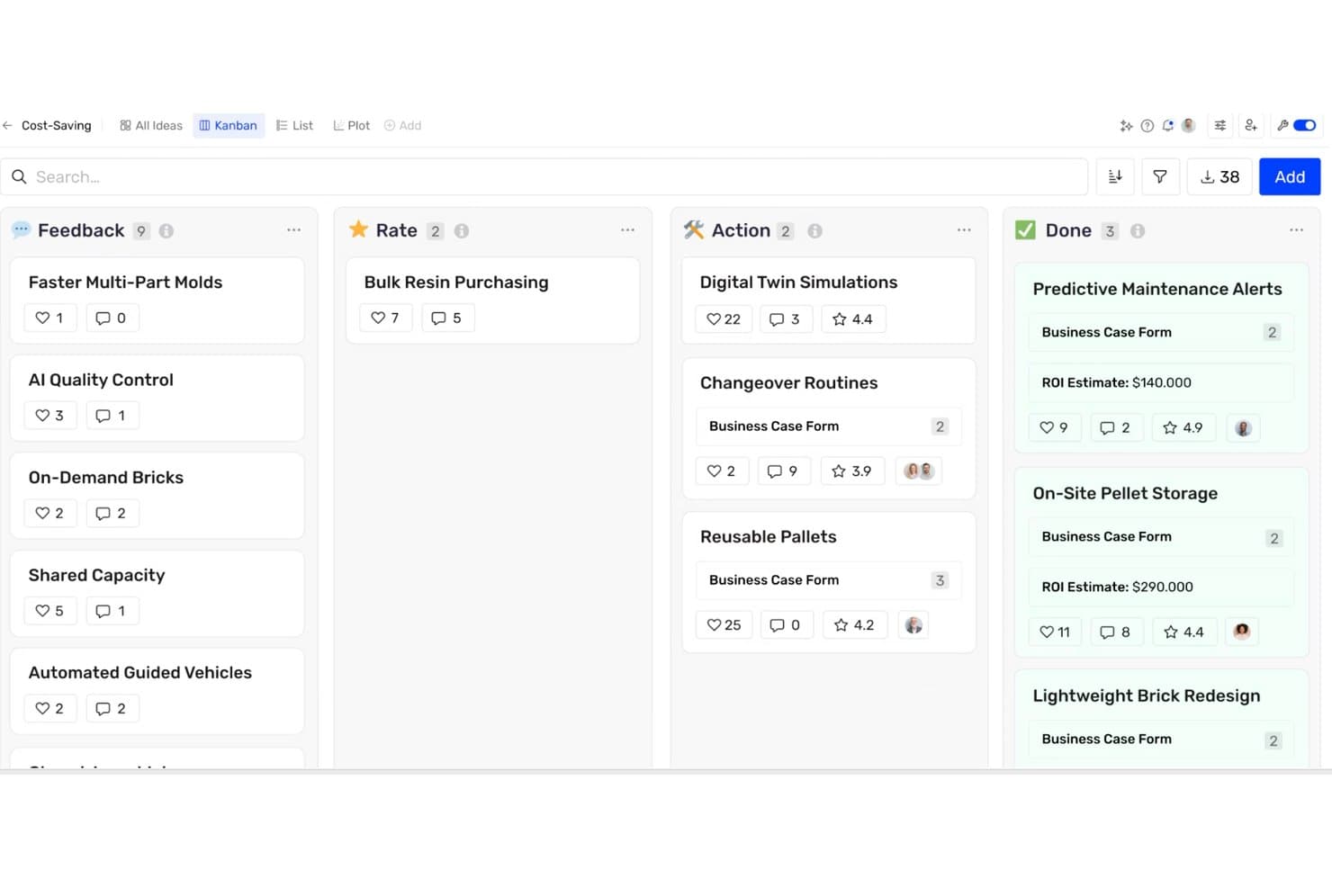 Bacheca Kanban con quattro colonne: Commenti, Valuta, Azione e Completato, che mostra schede di idee.