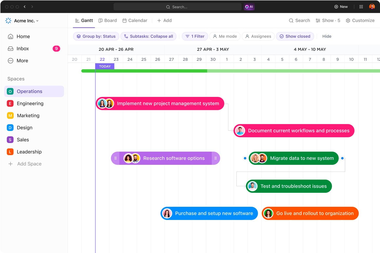 ClickUpin Gantt-kaavio näyttää projektinhallinnan tehtävät huhti- ja toukokuulle sijoittuvalla aikajanalla.