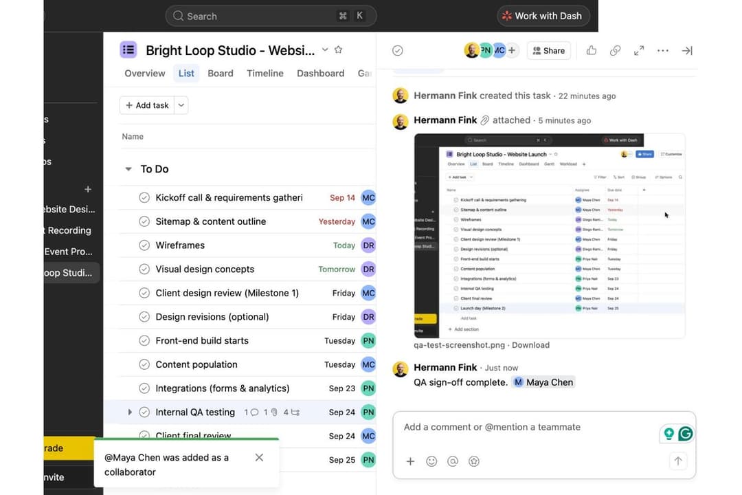 I shared a QA screenshot, tagged a teammate, and kept the discussion attached to the task.