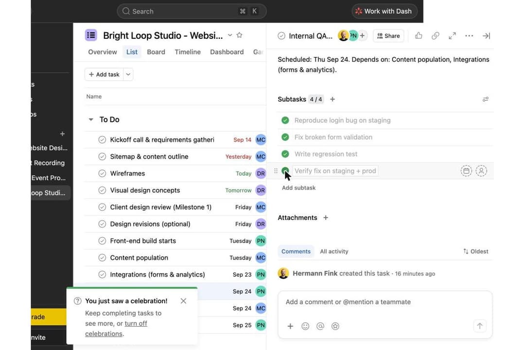 Subtasks let me break QA work into smaller steps and track completion individually.