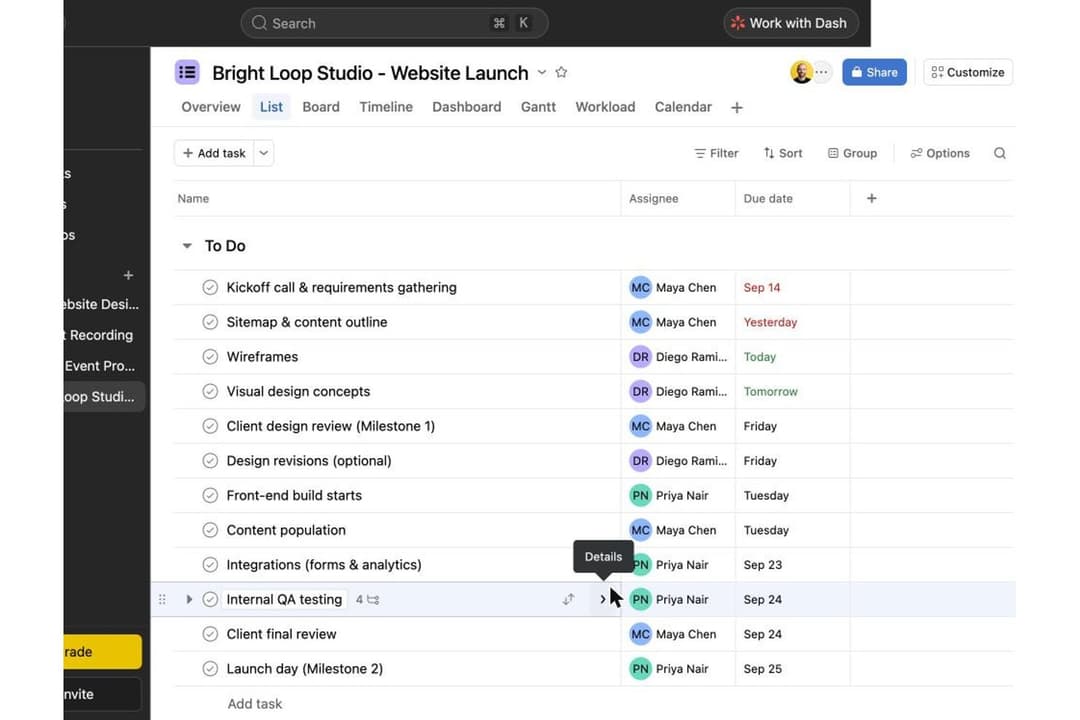 From the list, I could quickly see which tasks contained additional subtasks.