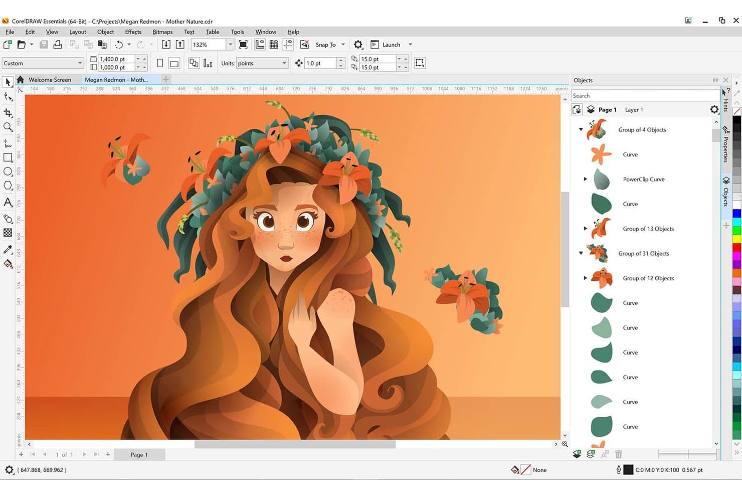 CorelDRAW-grænseflade, der viser en vektorillustration af en pige med blomster.
