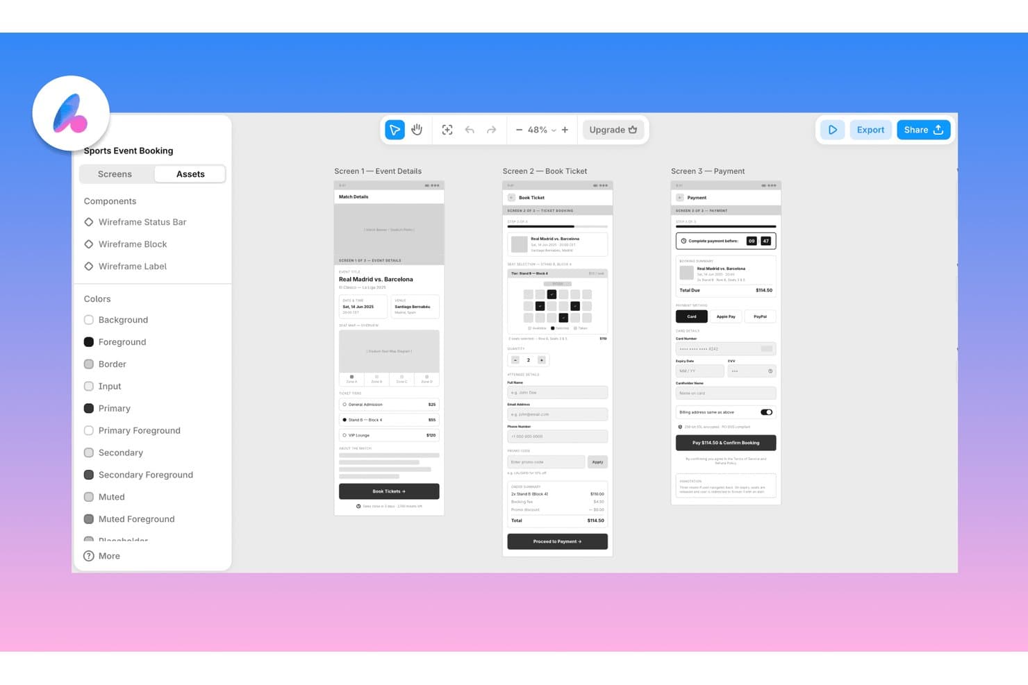 Banani-rautalankamallityökalu, jossa näkyy kolme mobiilisovelluksen näyttöä urheilutapahtuman varaamista varten.