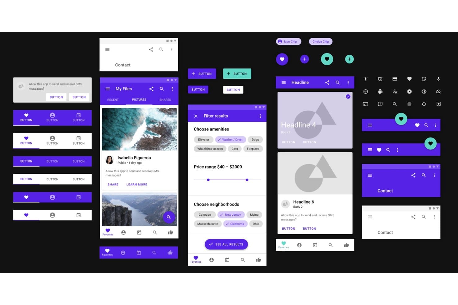 UXPinin käyttöliittymäsuunnittelunäkymä, jossa näkyy Material Design -painikkeita, siruja, kortteja ja mobiilisovellusten asetteluja.