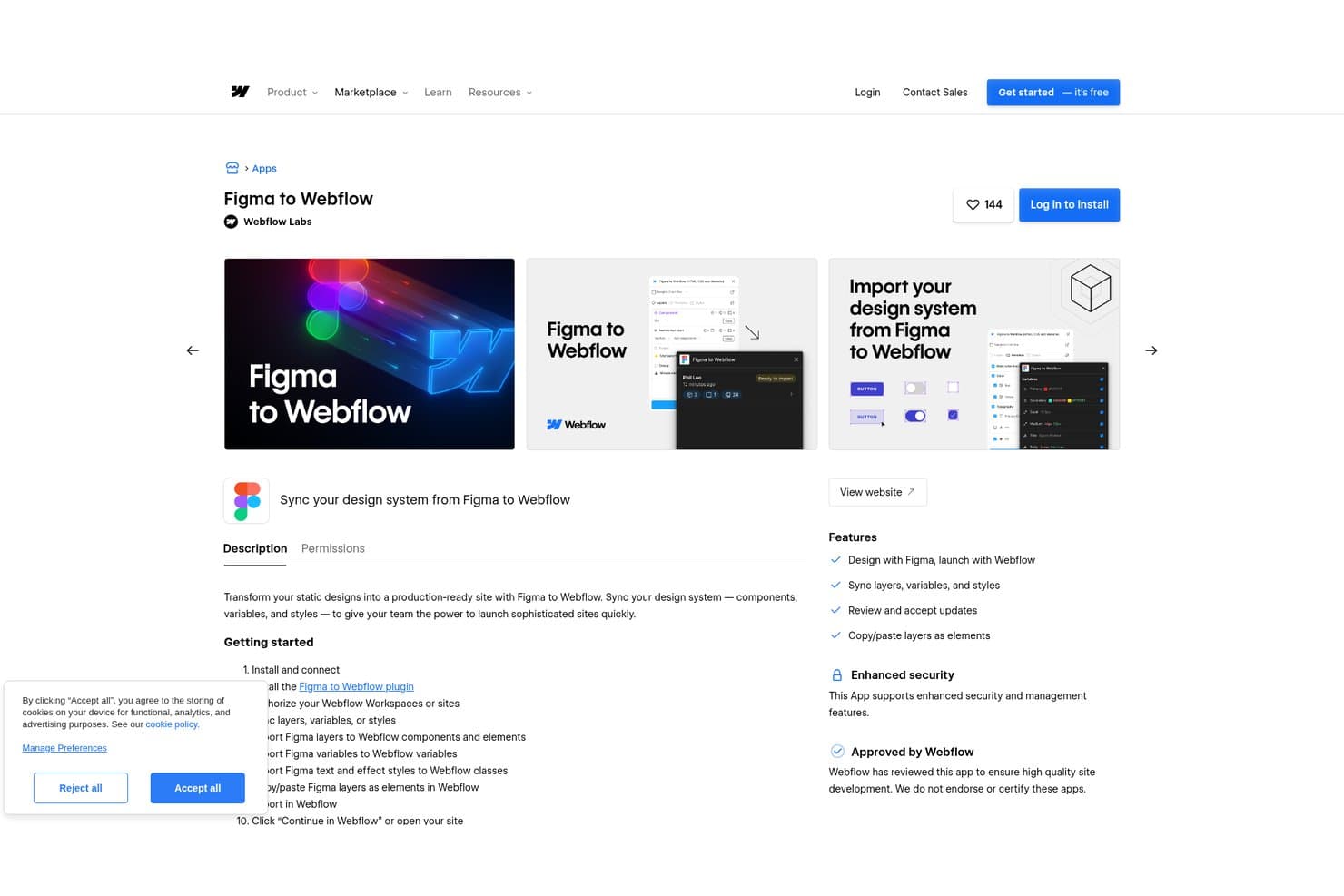 Webflow'n markkinapaikkasivu Figma–Webflow-sovellukselle, jossa on asennuspainike.