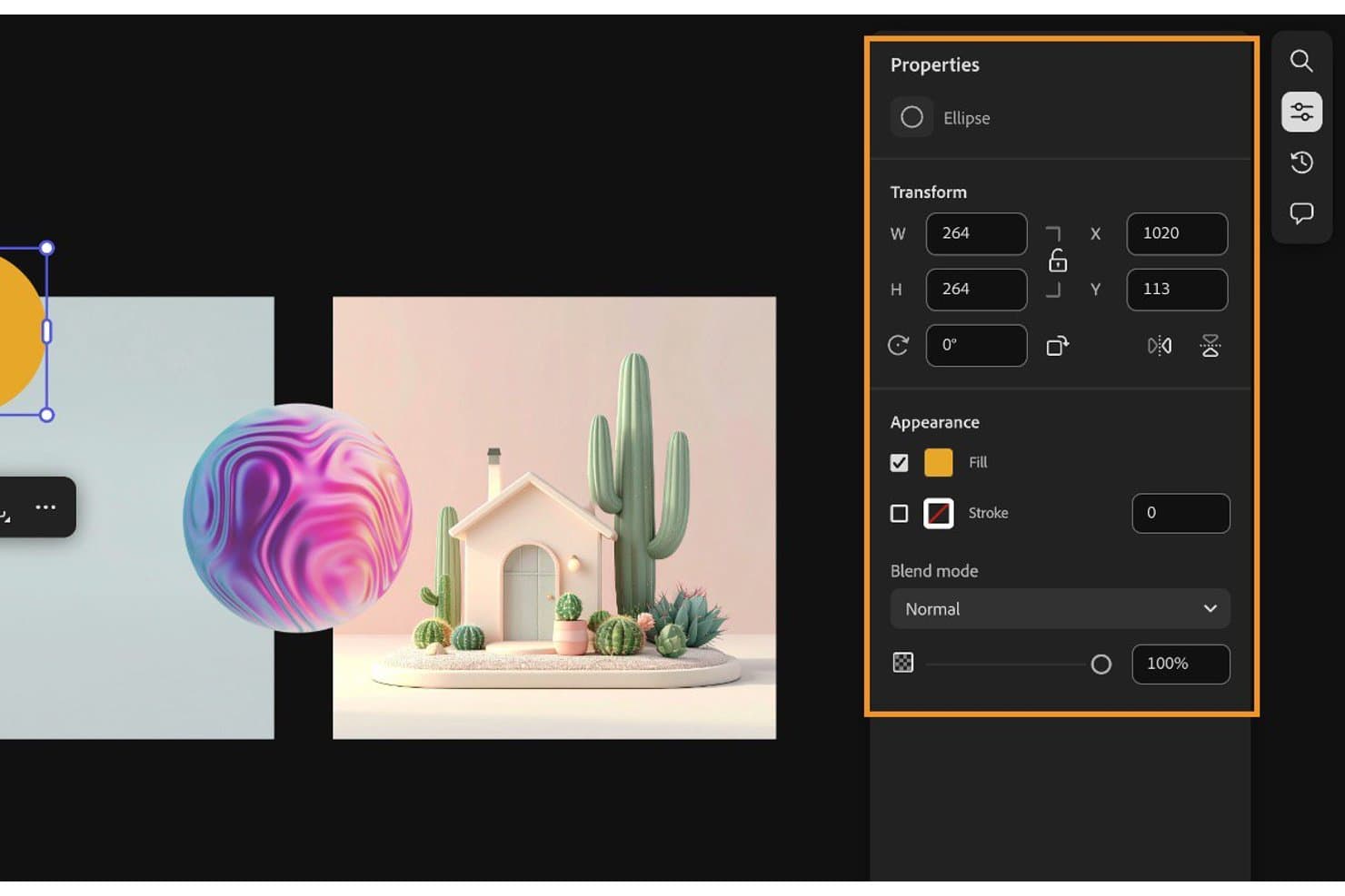 Adobe Expressin käyttöliittymä, jossa näkyy ellipsin ominaisuuspaneeli sekä täytön, reunaviivan ja muunnoksen asetukset.