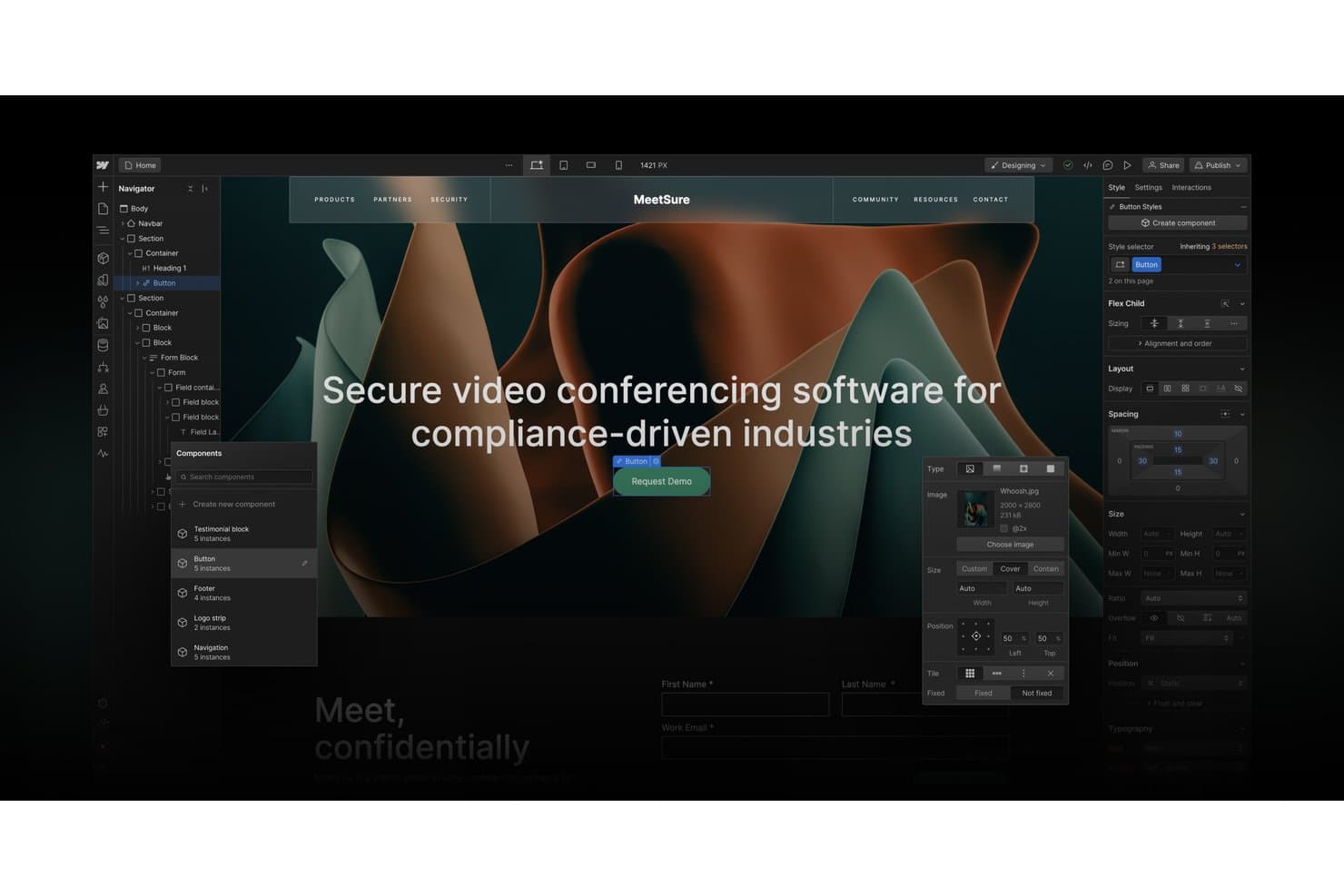 Webflow-suunnittelutyökalun käyttöliittymä, jossa näkyvät navigaattori, komponenttipaneeli ja pääosion sisältävä piirtoalue.
