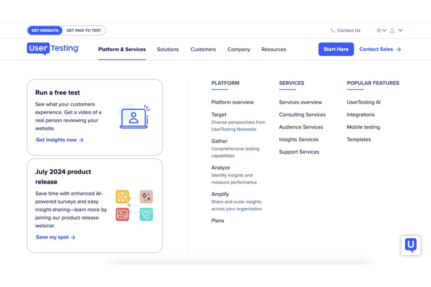 UserTestingin navigointivalikko, jossa näkyvät alustan, palveluiden ja suosittujen ominaisuuksien vaihtoehdot.