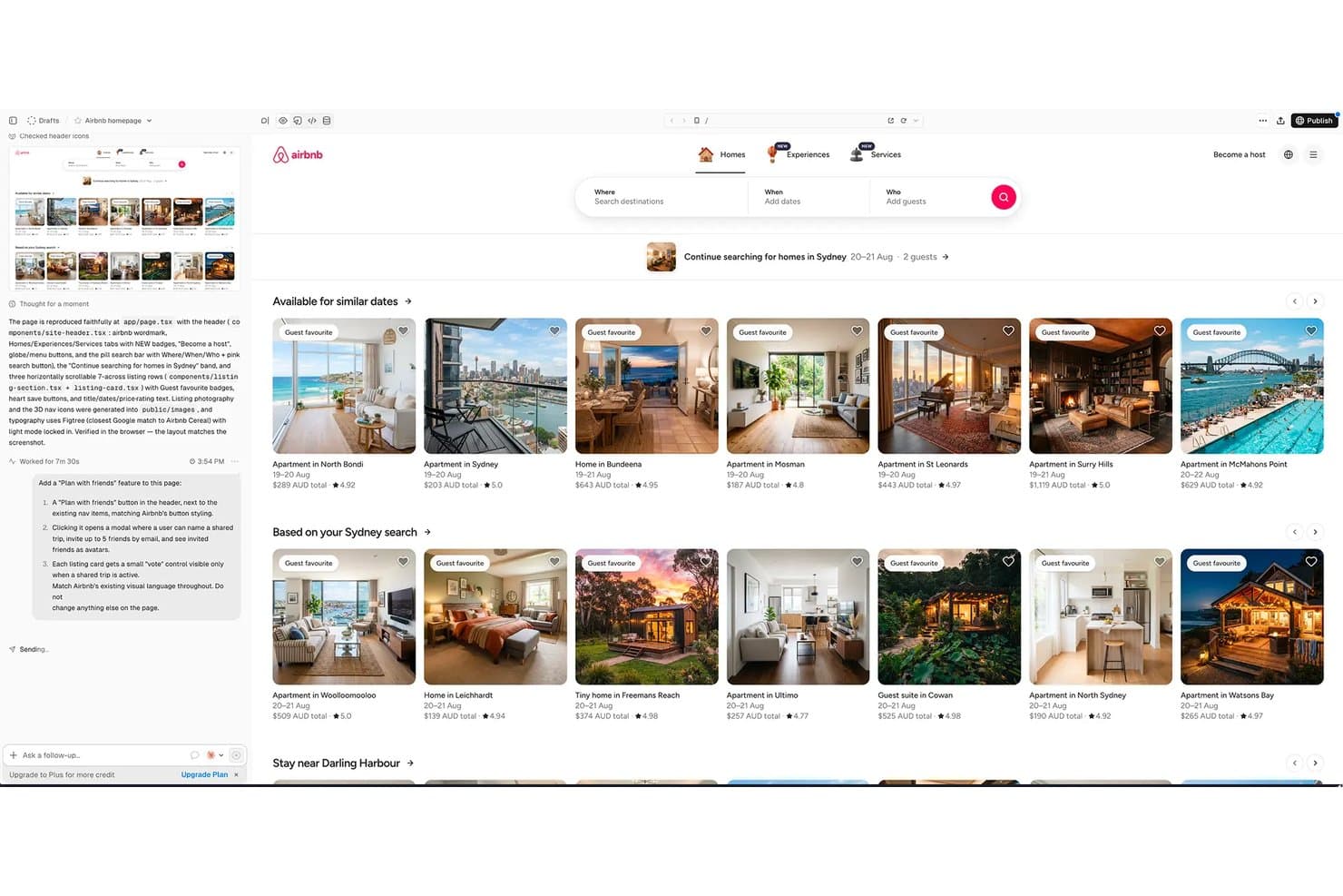 Alloy-prototyyppityökalu, jossa näkyy tekoälyn luoma Airbnb-tyyppinen etusivu majoituskohteiden luetteloineen.