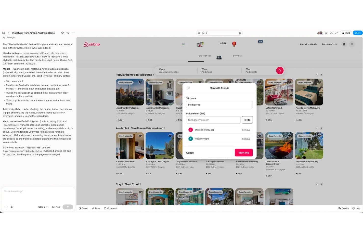Alloyn Airbnb-prototyypin Suunnittele ystävien kanssa -modaali, jossa on kutsukenttiä ja ystävien avatar-kuvia.