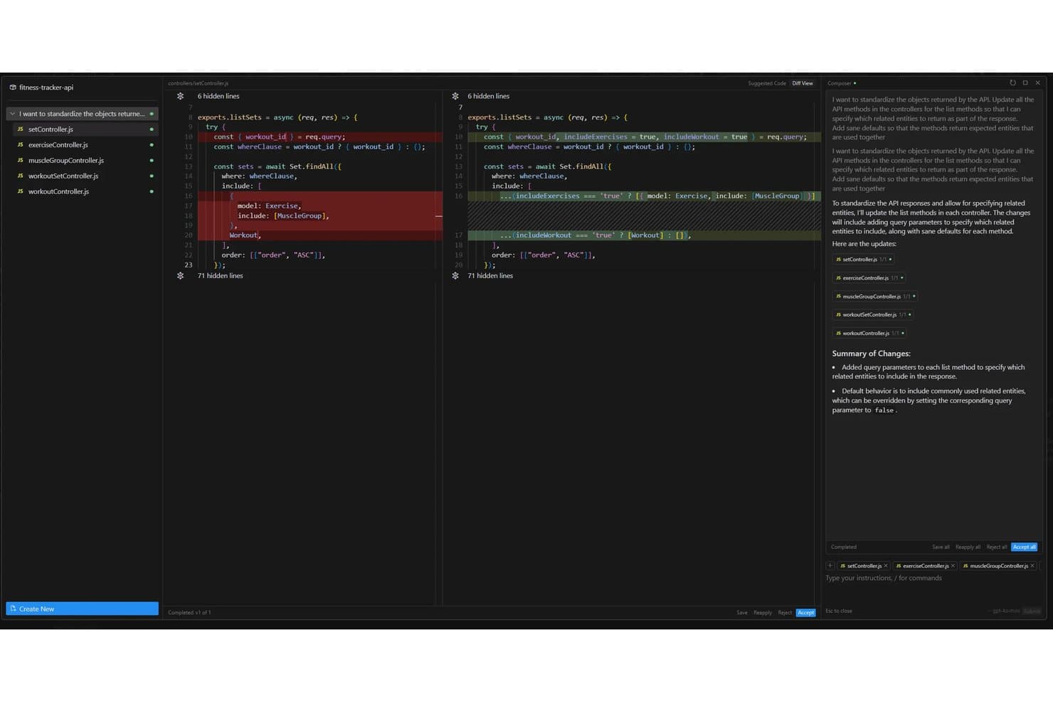 Cursor diff view showing AI-suggested code changes to standardize API list method responses across controllers