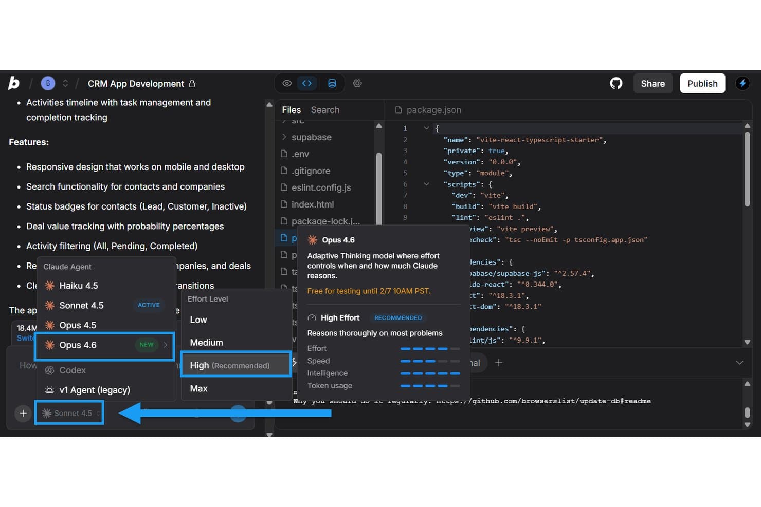 Bolt IDE affichant le sélecteur de modèle Claude Opus 4.6 avec des options de niveau d'effort pour le développement d'une application CRM.