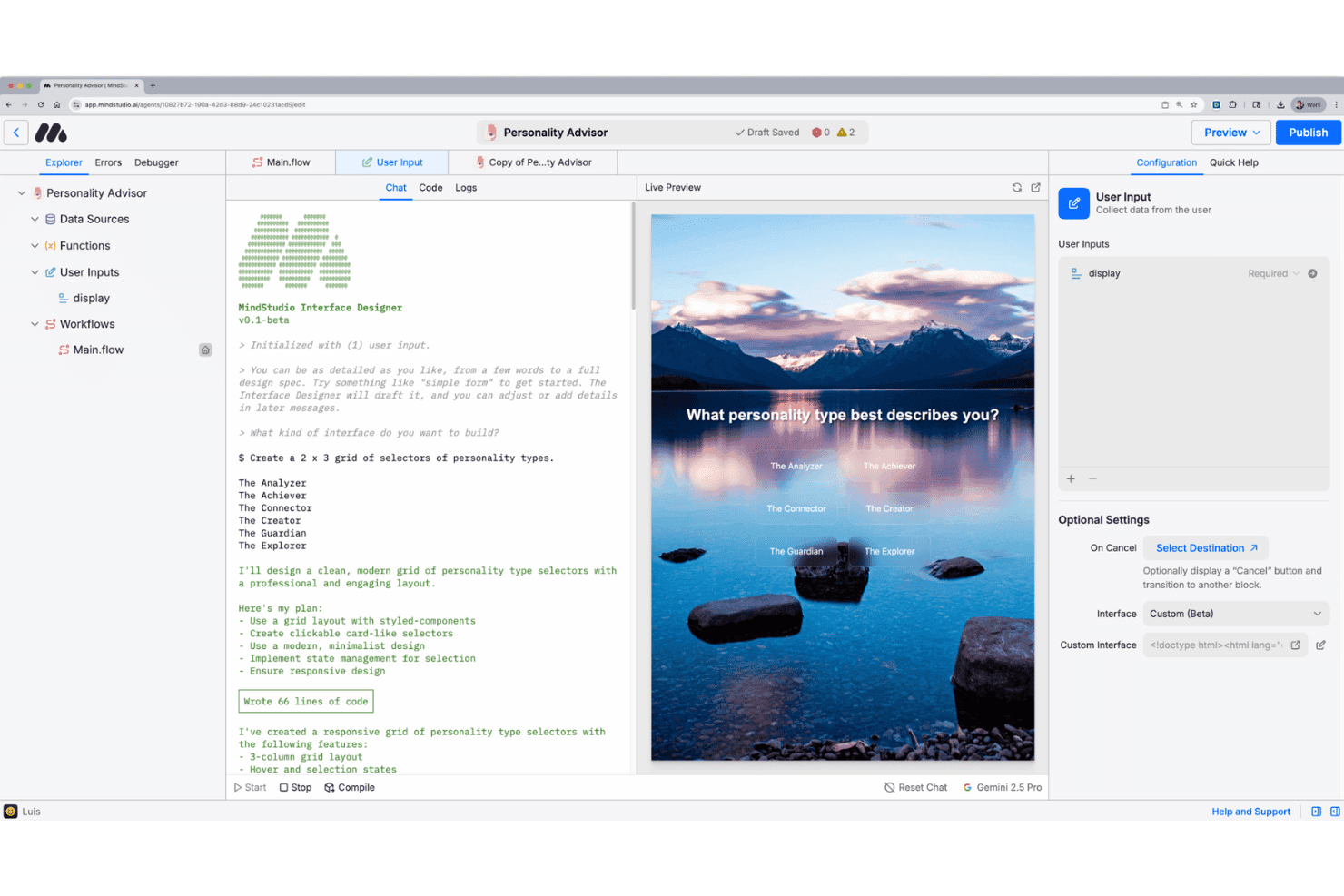 Créateur d’applications MindStudio affichant une interface utilisateur de sélection d’un type de personnalité avec une disposition en grille 2x3.