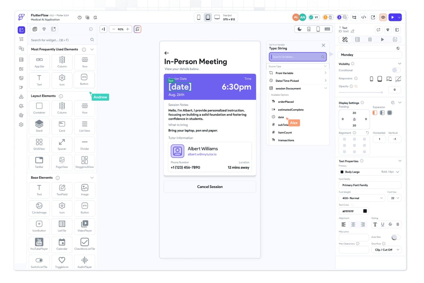 FlutterFlow-editori, jossa näkyy henkilökohtaisen tapaamisen näyttö ja avoinna oleva muuttujasidontapaneeli.