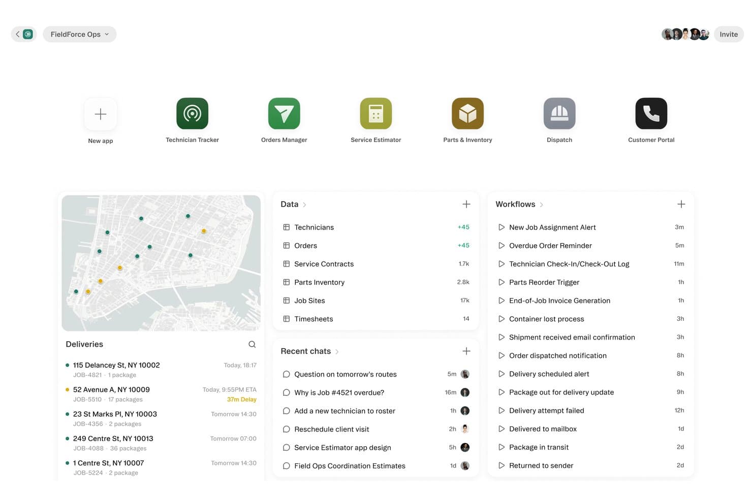 Panel de operaciones de campo de Glide con mapa, entregas, flujos de trabajo y tablas de datos.