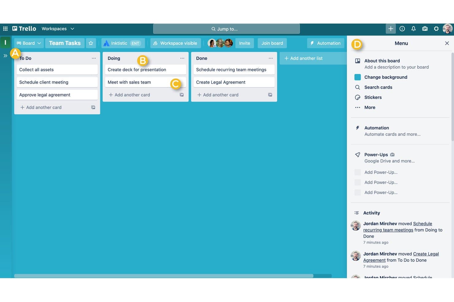 Tablero de Trello que muestra las columnas Por hacer, En curso y Hecho, con tarjetas de tareas y el menú lateral abierto.