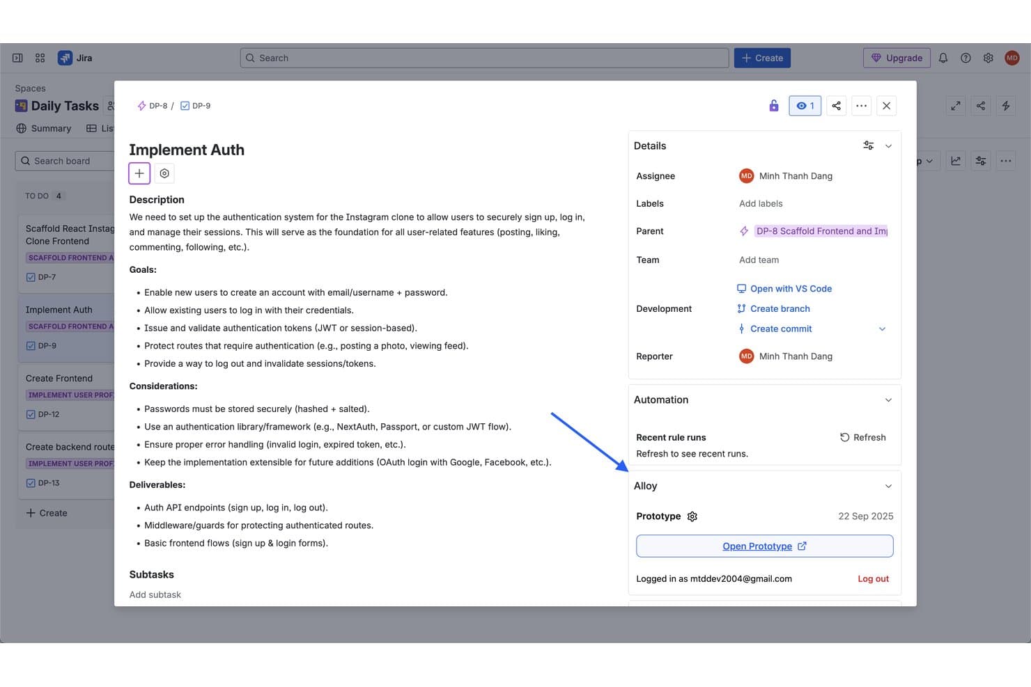 Jira-tehtävämodaali, jonka otsikko on 'Toteuta todennus' ja jossa Alloy-prototyyppiosiossa näkyy Avaa prototyyppi -painike.