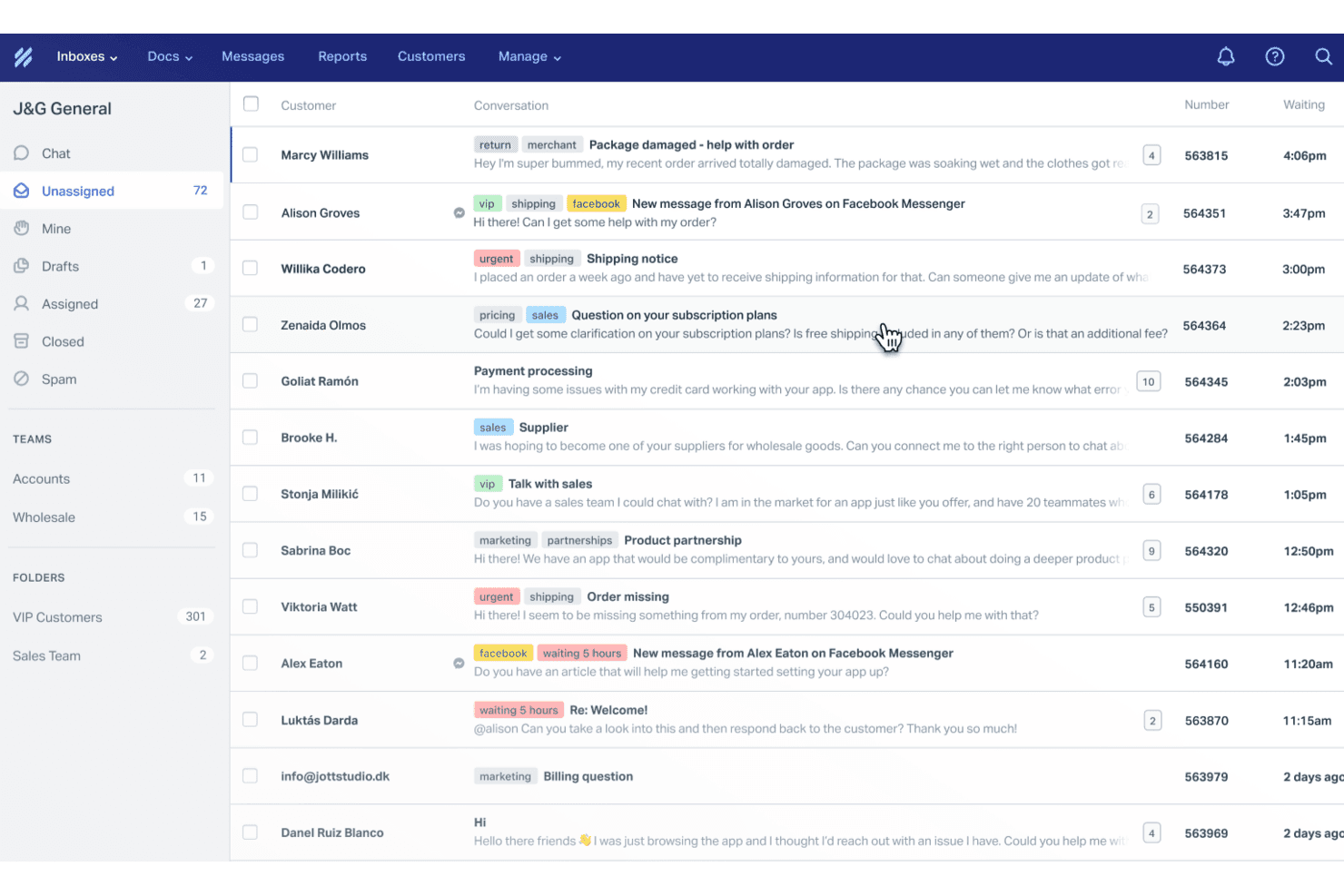 Help Scout shared inbox showing customer conversations with tags and waiting times.