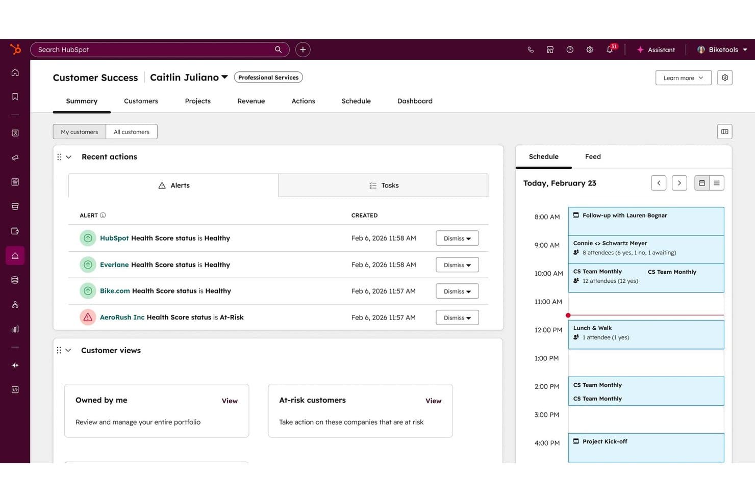 HubSpot Service Hubin asiakkuuden menestyksen koontinäyttö, jossa näkyvät hälytykset, asiakkaiden terveystilan pisteet ja aikataulu