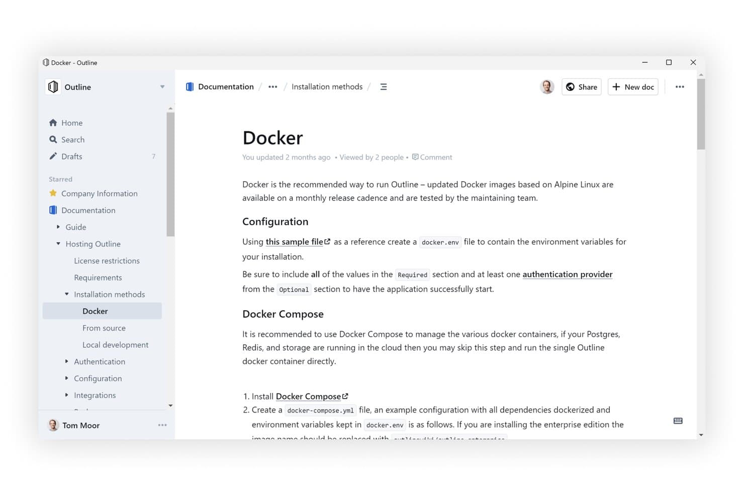 Outline-sovellus näyttää Docker-asennuksen dokumentaation sivupalkkinavigoinnin ja sisäkkäisten sivujen kera.
