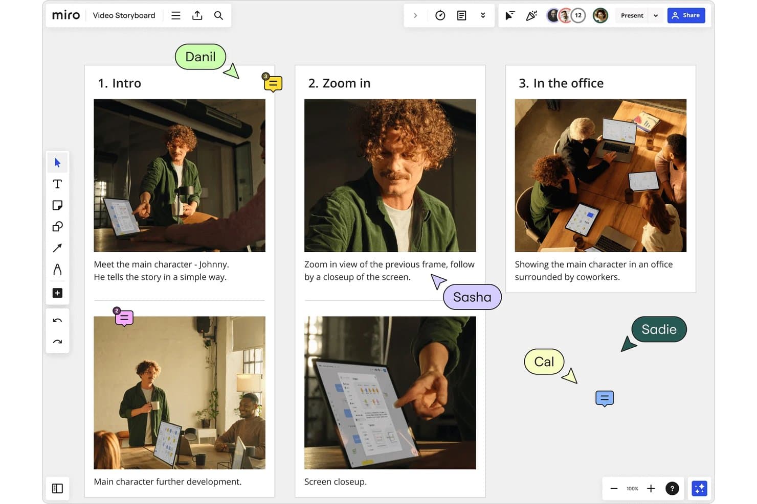 Miro-storyboard med tre scener, der viser intro, zoom ind og kontoroptagelser.