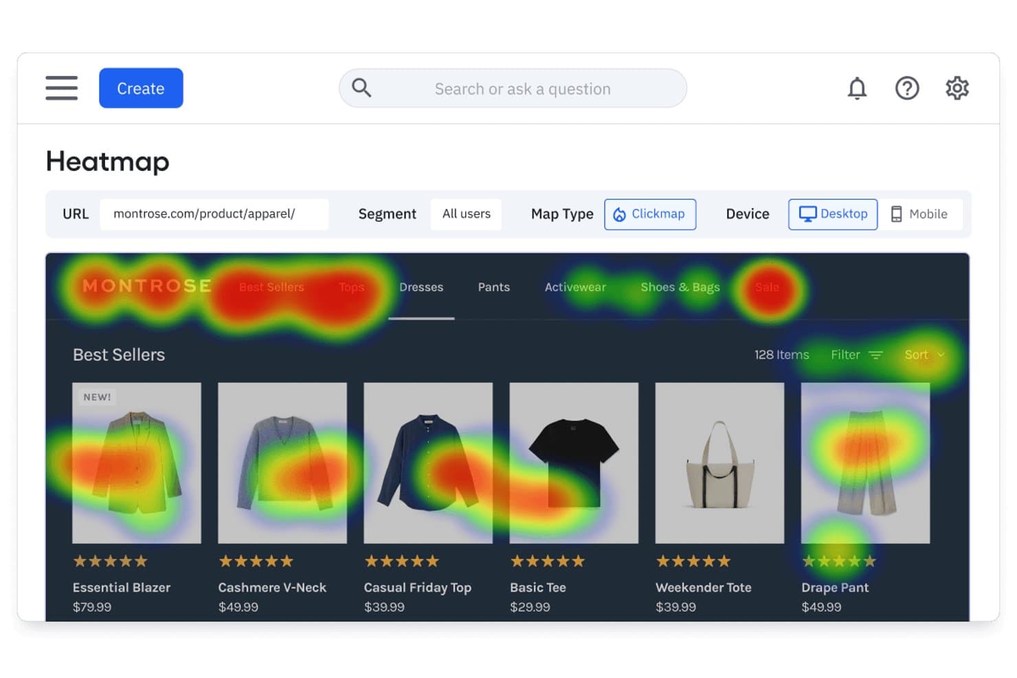 Amplitudes värmekarta över klick som visar användarklick på en produktsida för kläder.