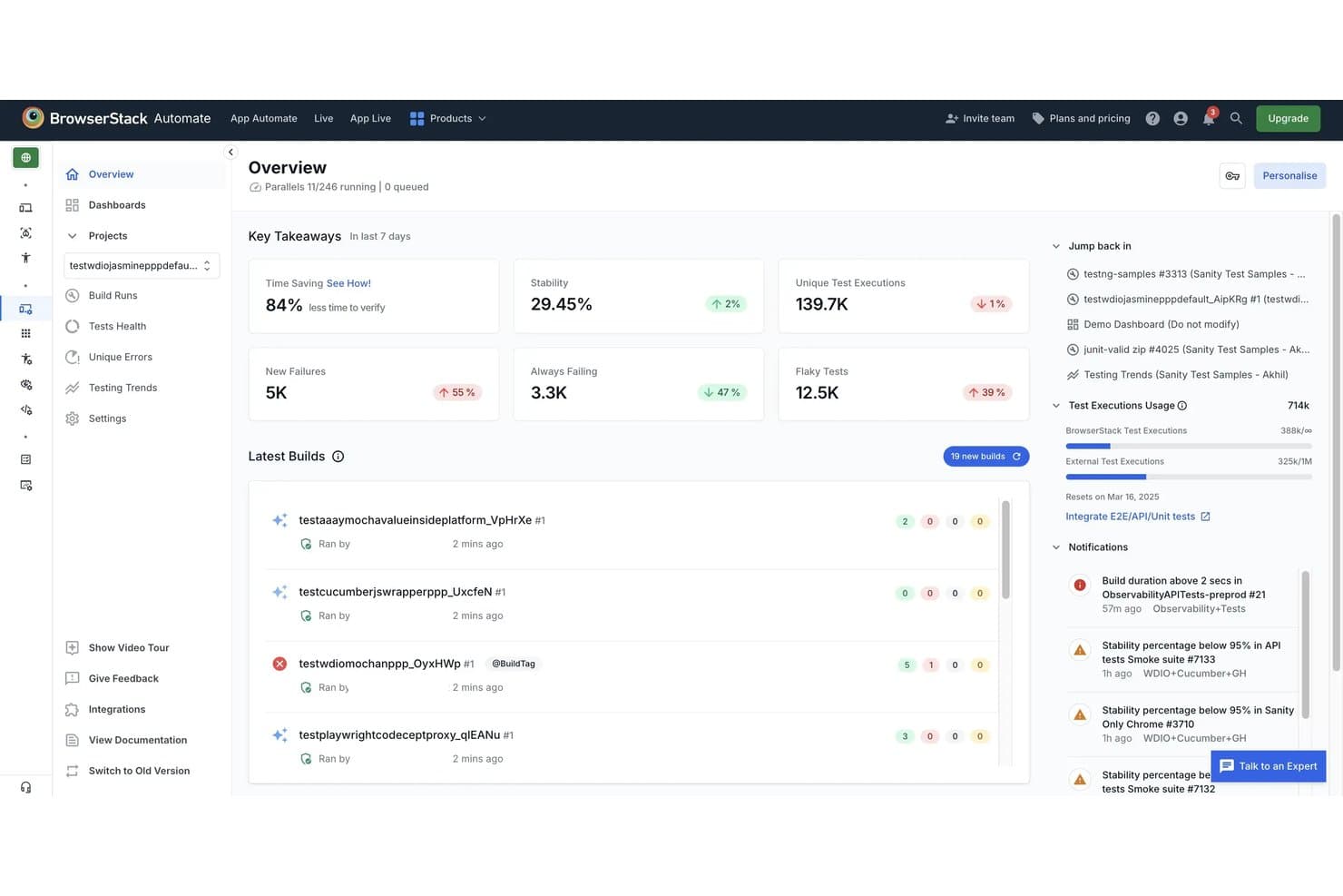BrowserStackin käyttöliittymäautomaation hallintapaneeli, jossa näkyvät testien suoritukset, vakausmittarit, epäonnistumiset, epävakaat testit, viimeisimmät koontiversiot ja testauksen trendit.