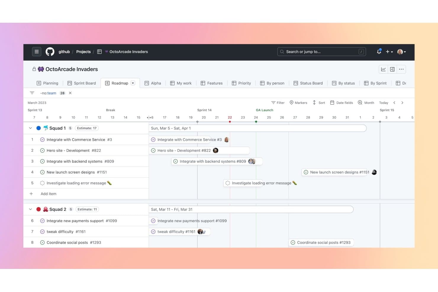 Vista de hoja de ruta de GitHub Projects que muestra las tareas de dos equipos durante los sprints de marzo de 2023.