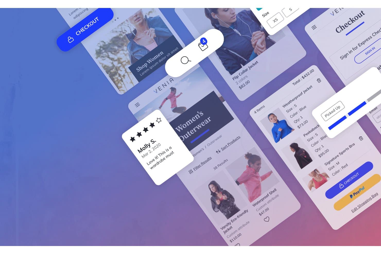 Adobe XD:n mobiilikäyttöliittymän näytöt, joissa näkyy naisten päällysvaatteiden ostossovellus kassalle siirtymisen työnkulkuineen.