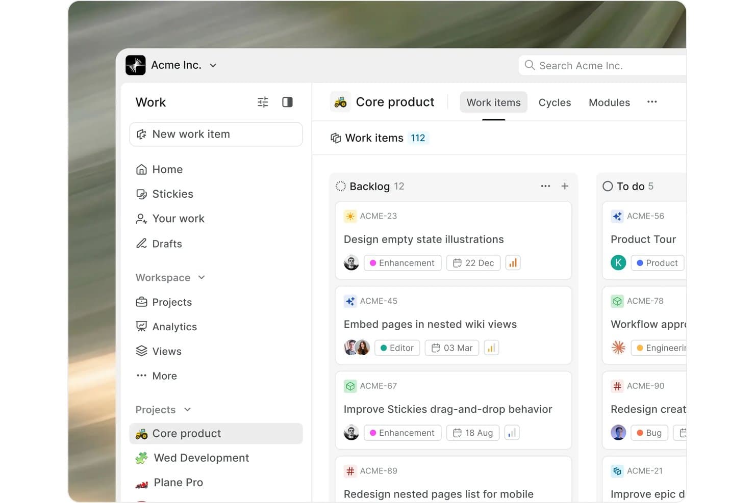 Planen Kanban-taulu, jossa näkyvät työjono- ja tehtäväksi-sarakkeet sekä 112 työtehtävää.