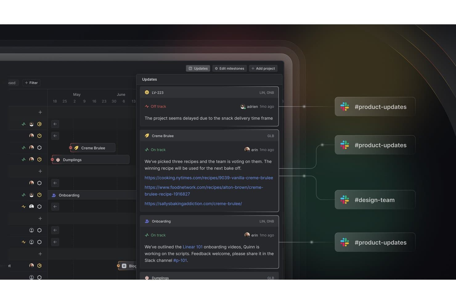 Linear project updates panel showing status posts linked to Slack channels.