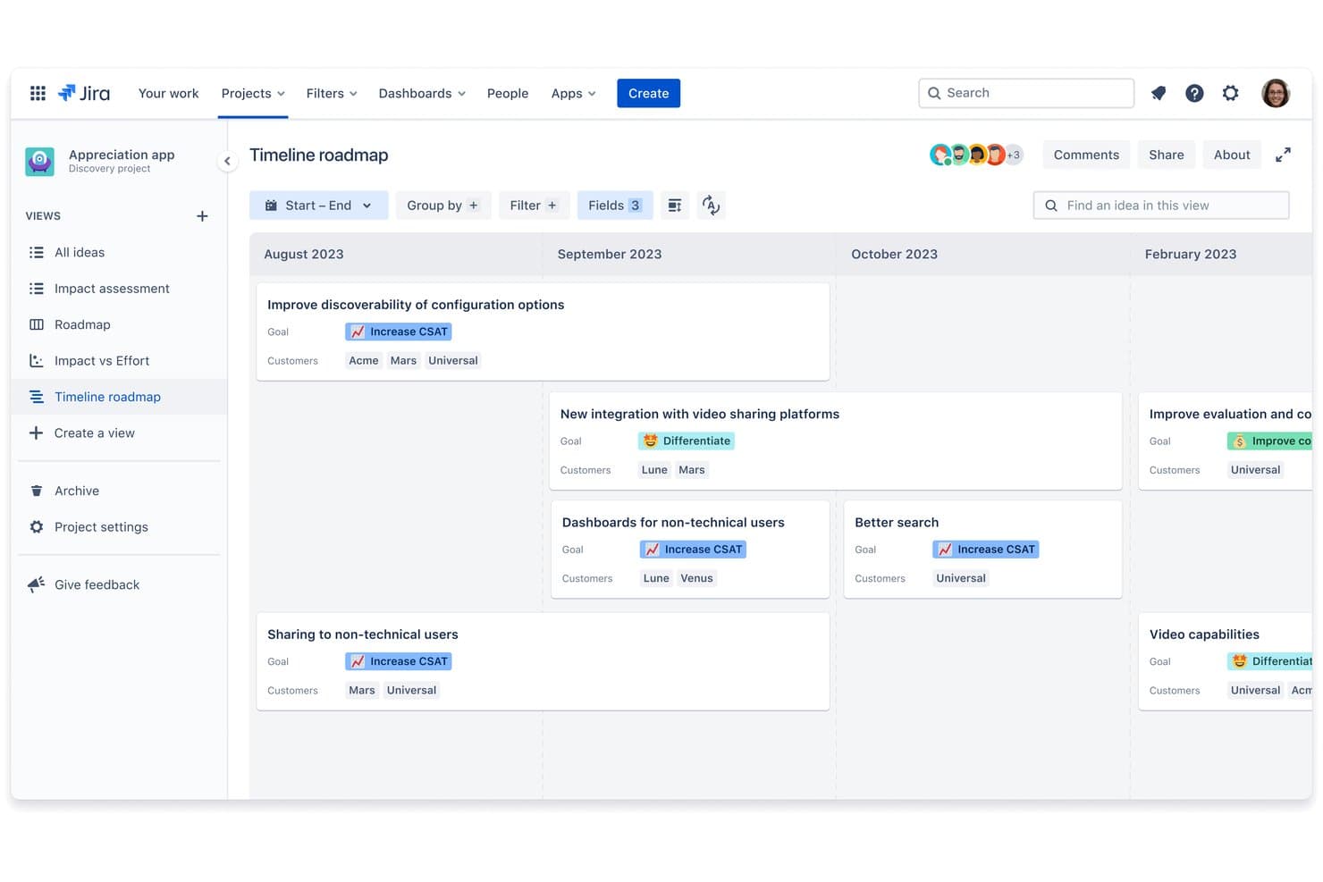 Jira Product Discovery timeline roadmap showing ideas grouped by date and goal tags.