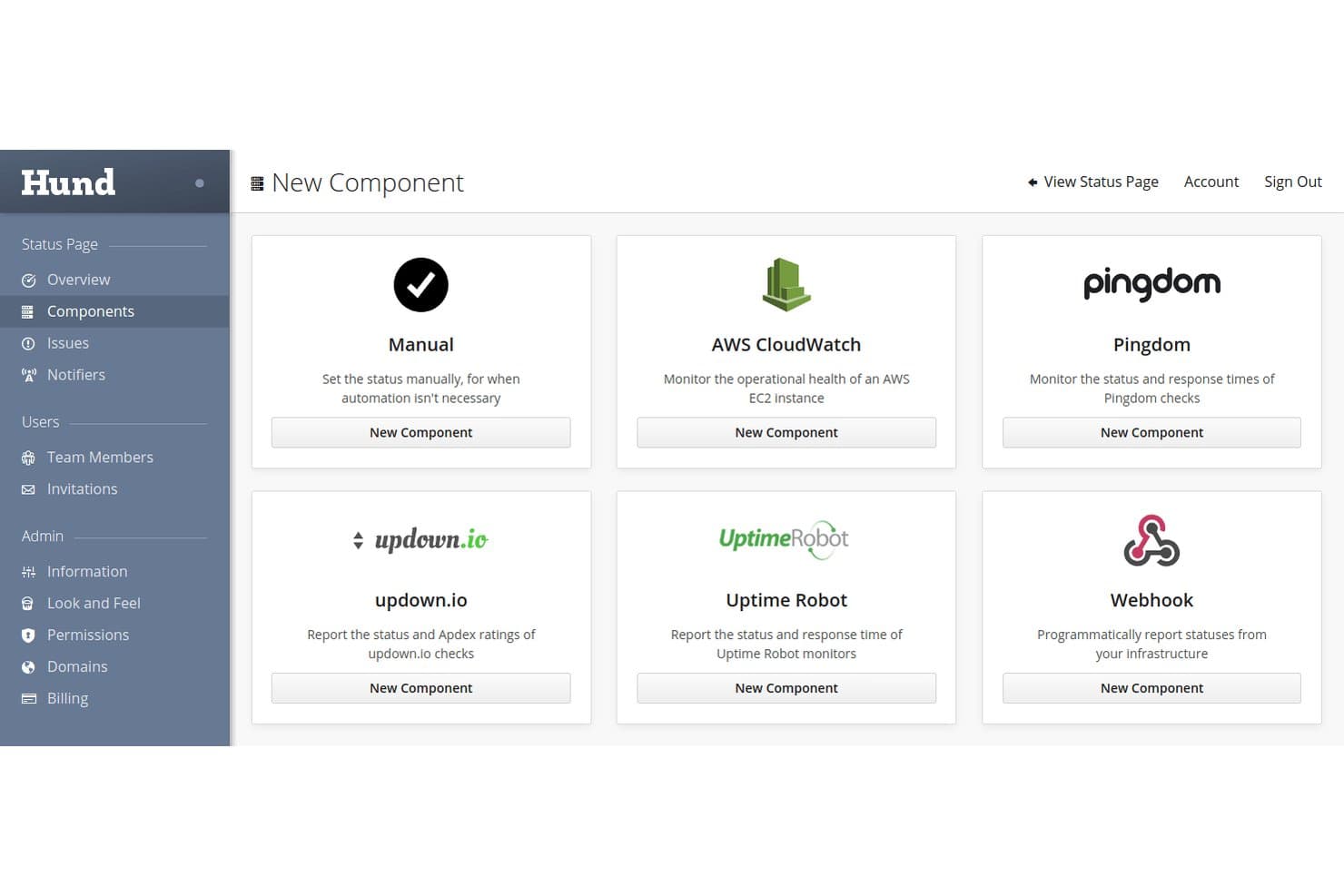 Hund.io:n uusi komponenttisivu, jossa näkyy kuusi valvontaintegraatiovaihtoehtoa, mukaan lukien AWS CloudWatch ja Pingdom.