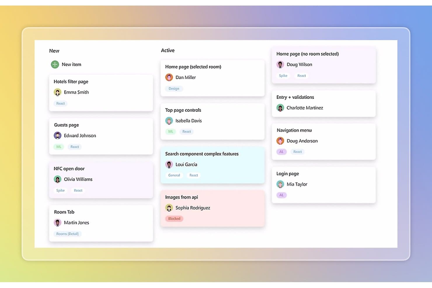 Kanban-taulu, jossa Uusi- ja Aktiivinen-sarakkeet sekä tehtäväkortteja ja vastuuhenkilöitä.