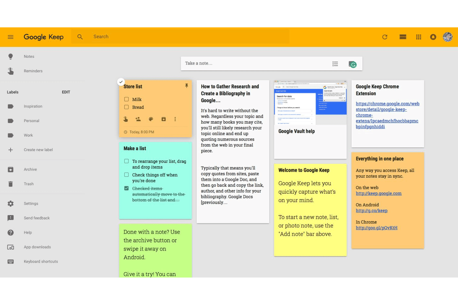 Google Keep -muistiinpanosovellus, jossa on muistutukset, tarkistuslistat, yhteistyö ja laitteiden välinen synkronointi.