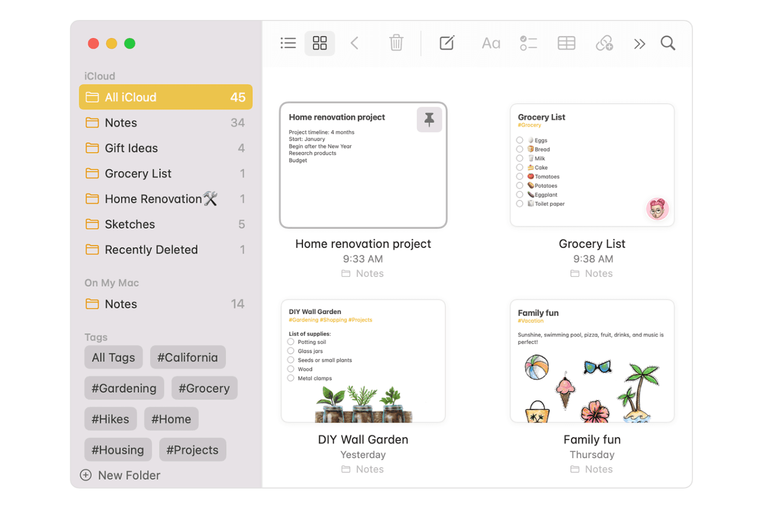 Apple Notes app with note-taking, organization, collaboration, document scanning, and cross-device synchronization features.