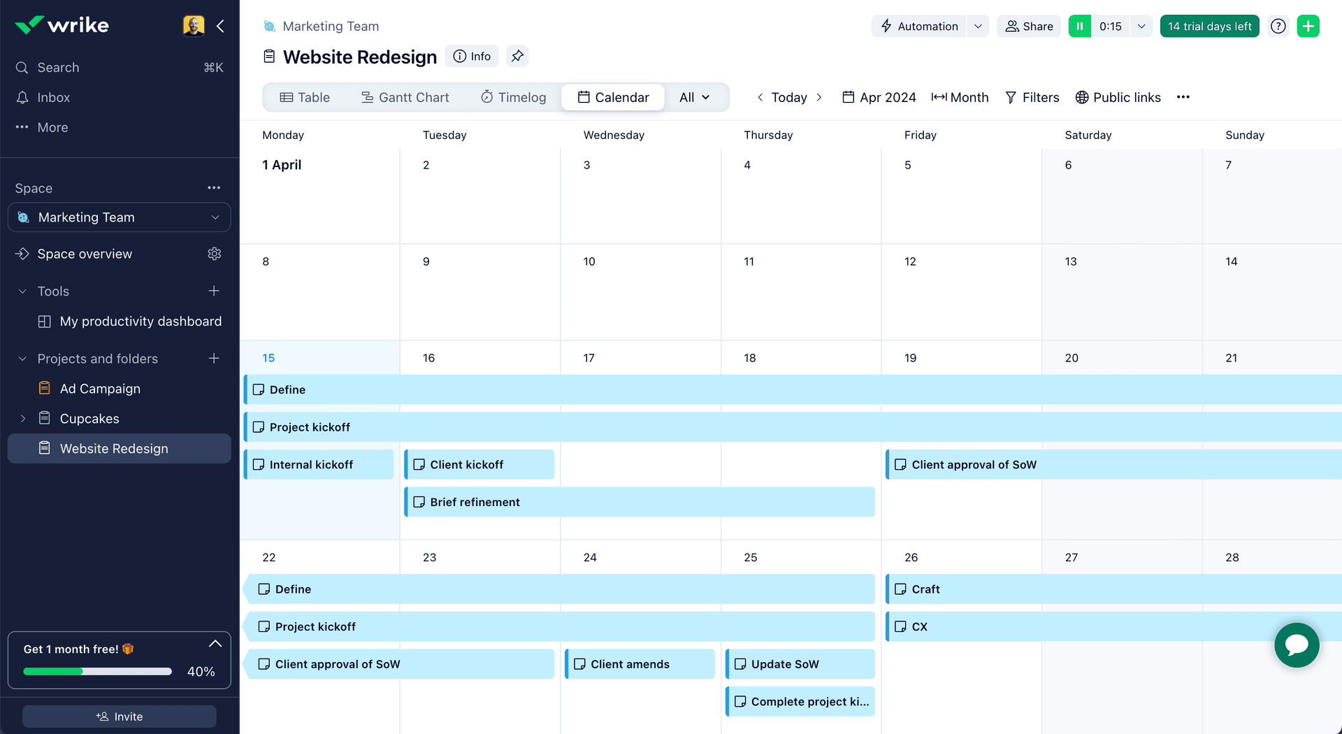 Wrike's calendar view lets you see your tasks in the right context to keep things moving forward.