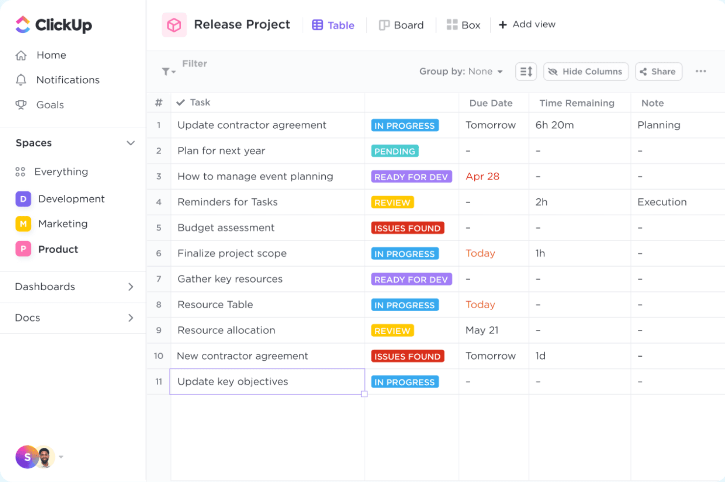 ClickUp centralizes tasks, docs, goals, and workflows to help product teams be more efficient.