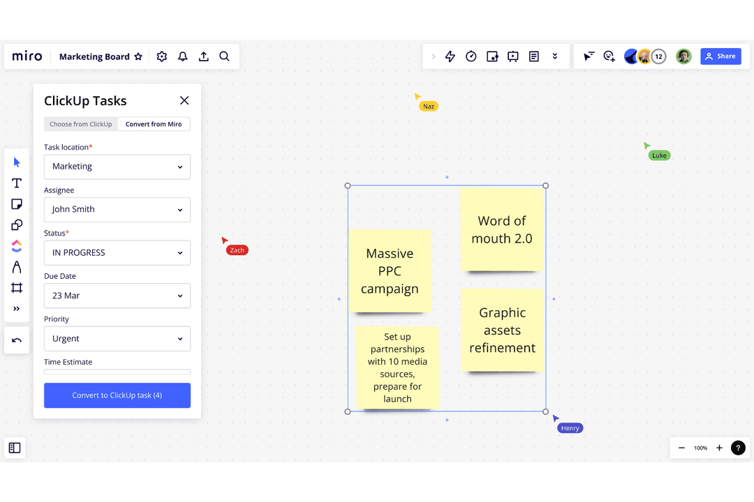 Miro lets teams capture, organize, and convert ideas into tasks visually.