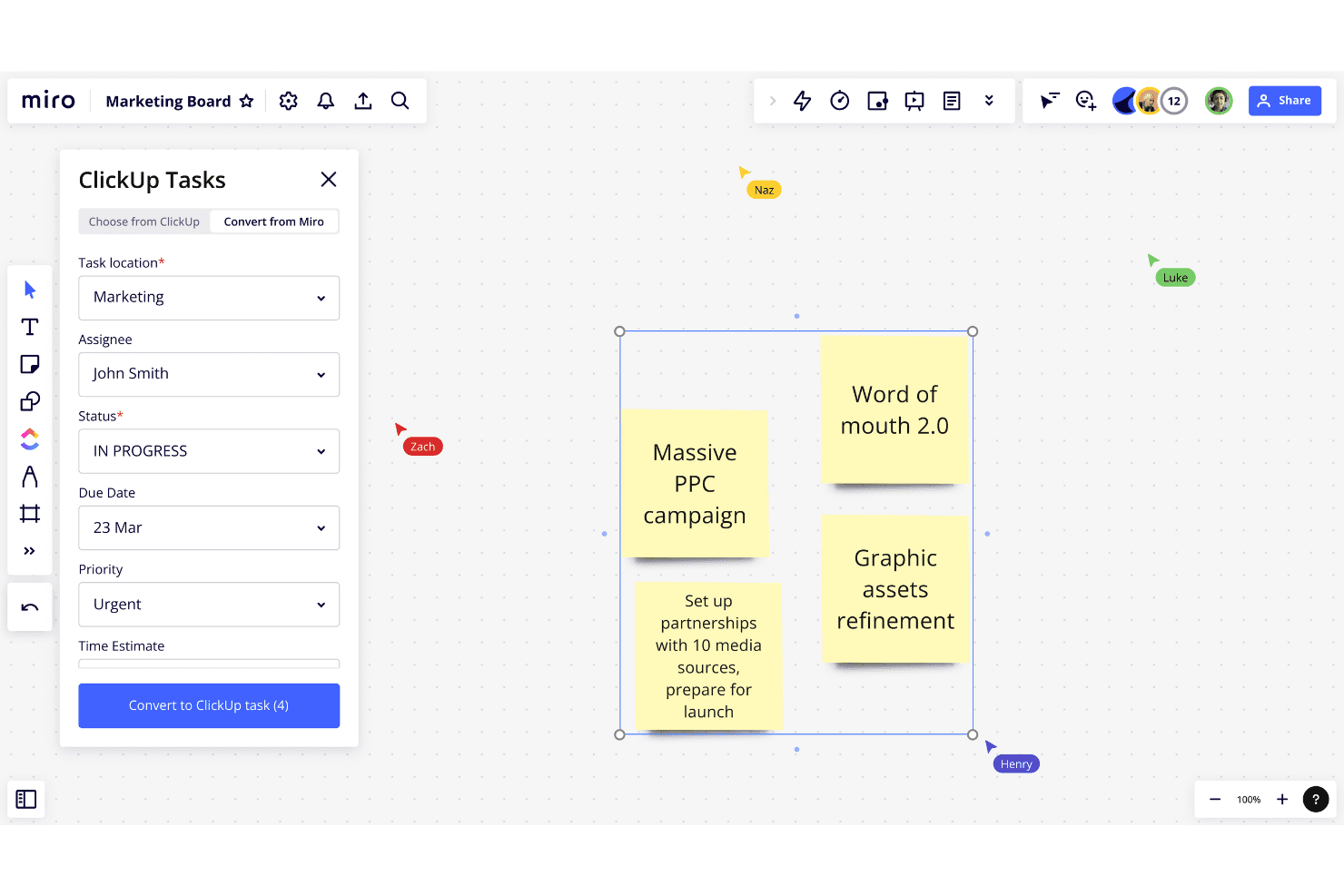 Miro lets teams capture, organize, and convert ideas into tasks visually.