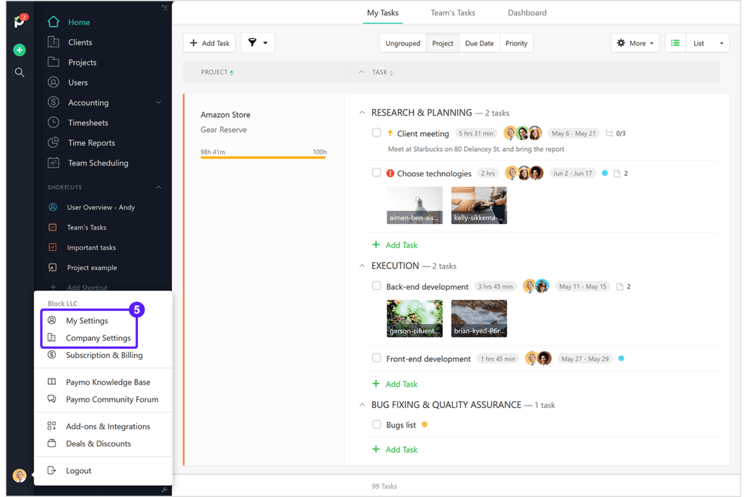 Paymo manages projects, tasks, time tracking, and invoicing in one tool.