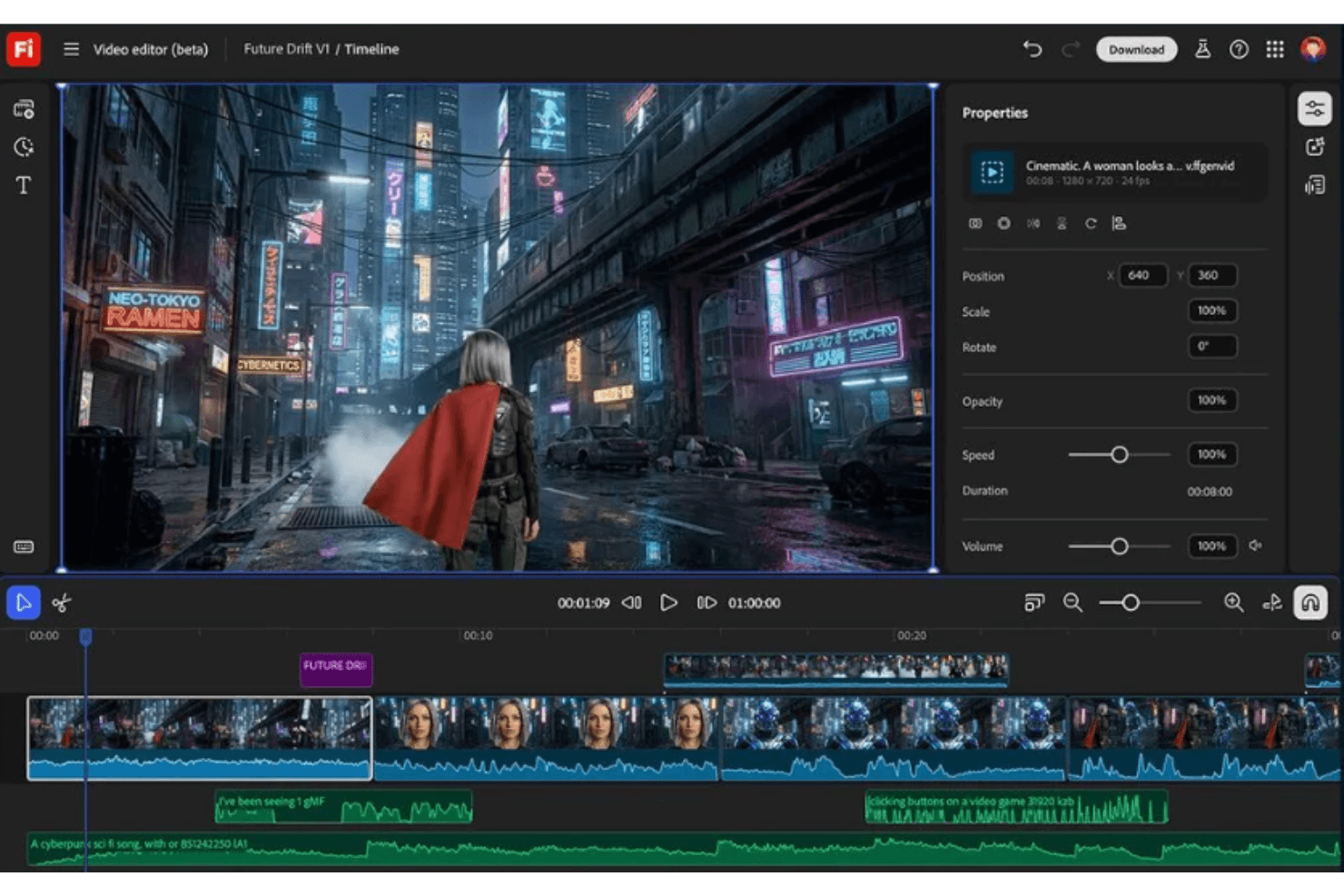 Adobe Firefly generates images, designs, and text using AI prompts.