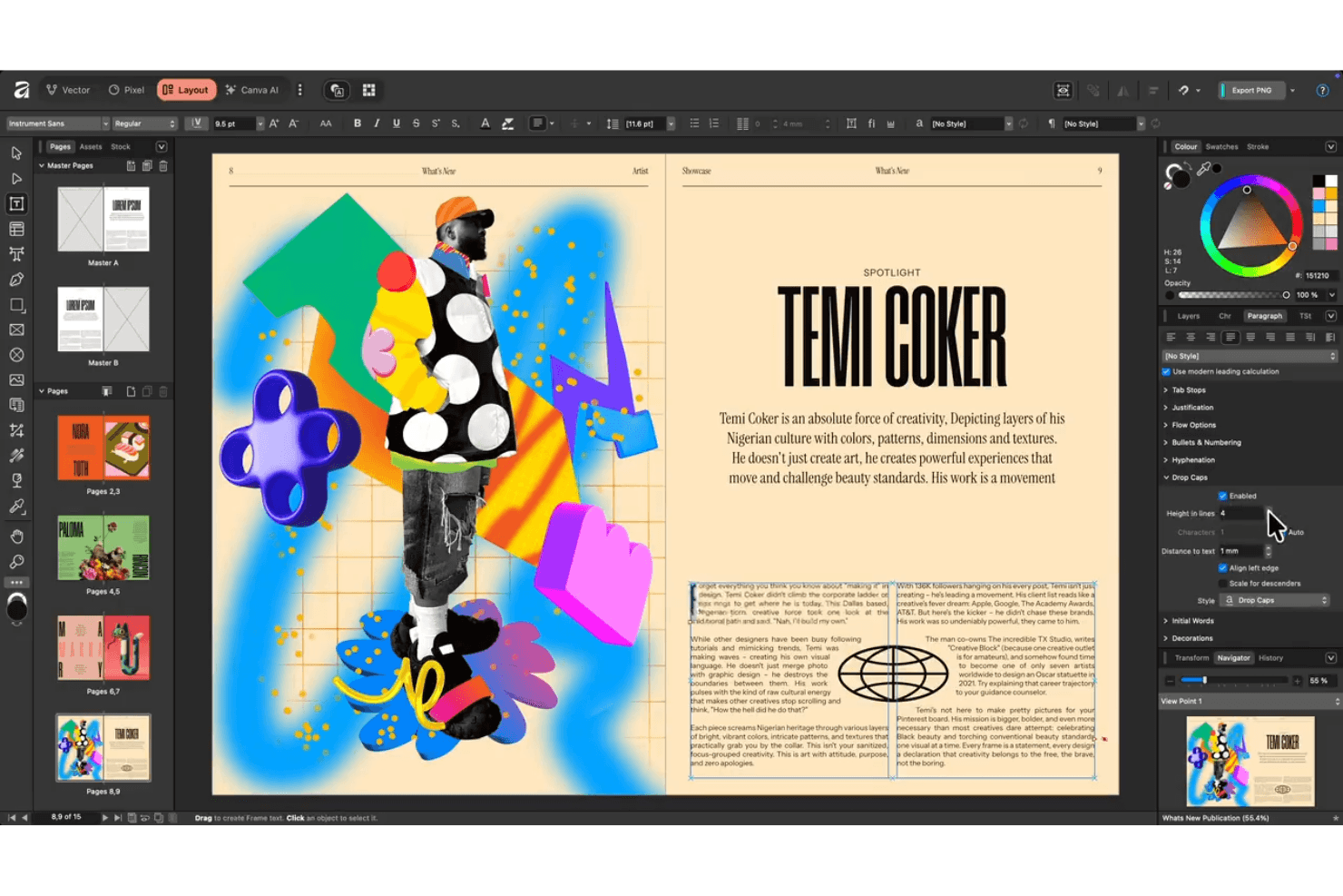 Affinity creates precise designs for graphics, UI, and print projects.