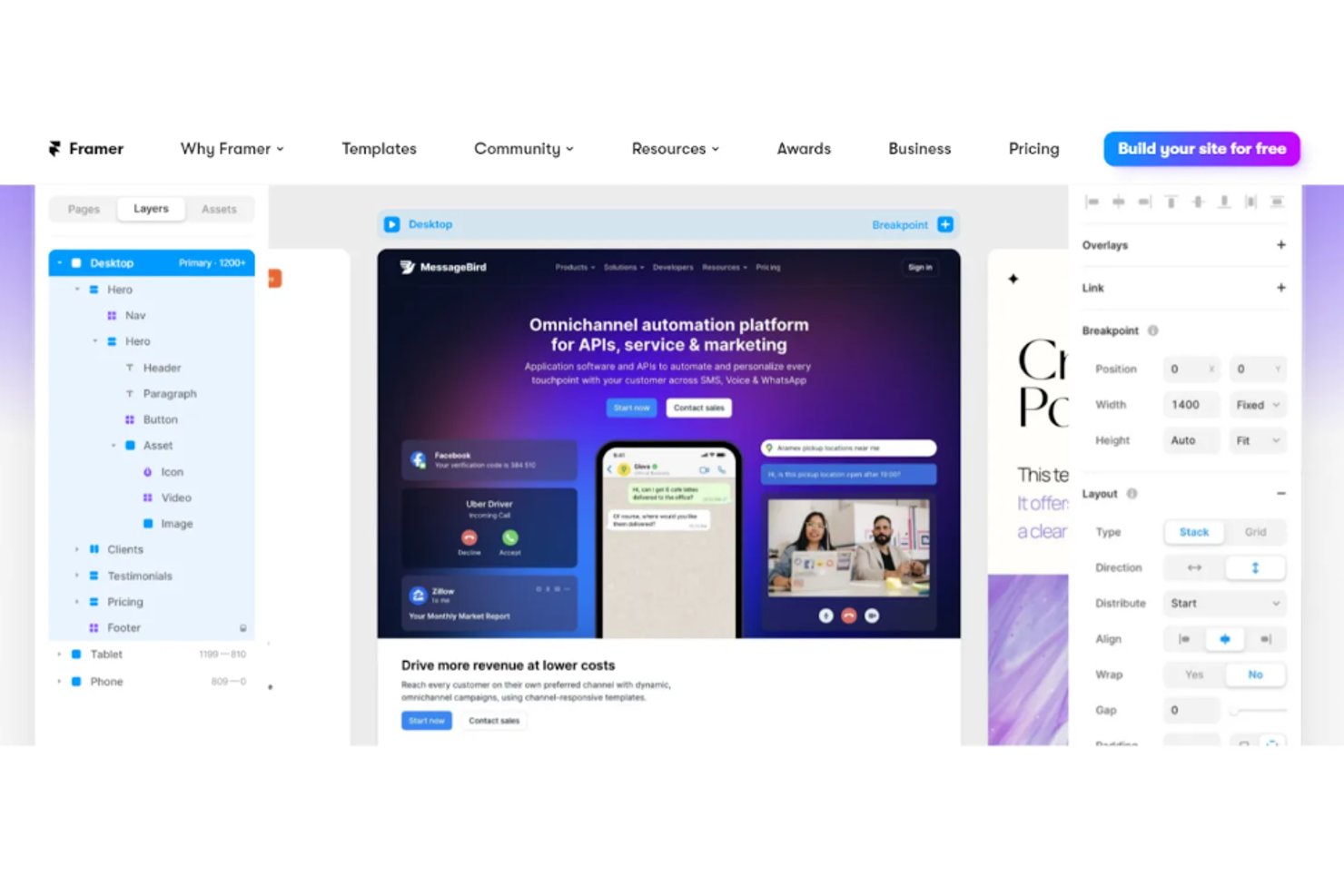 Framer offers tools like drag-and-drop, pre-designed effects, and design and layout templates.