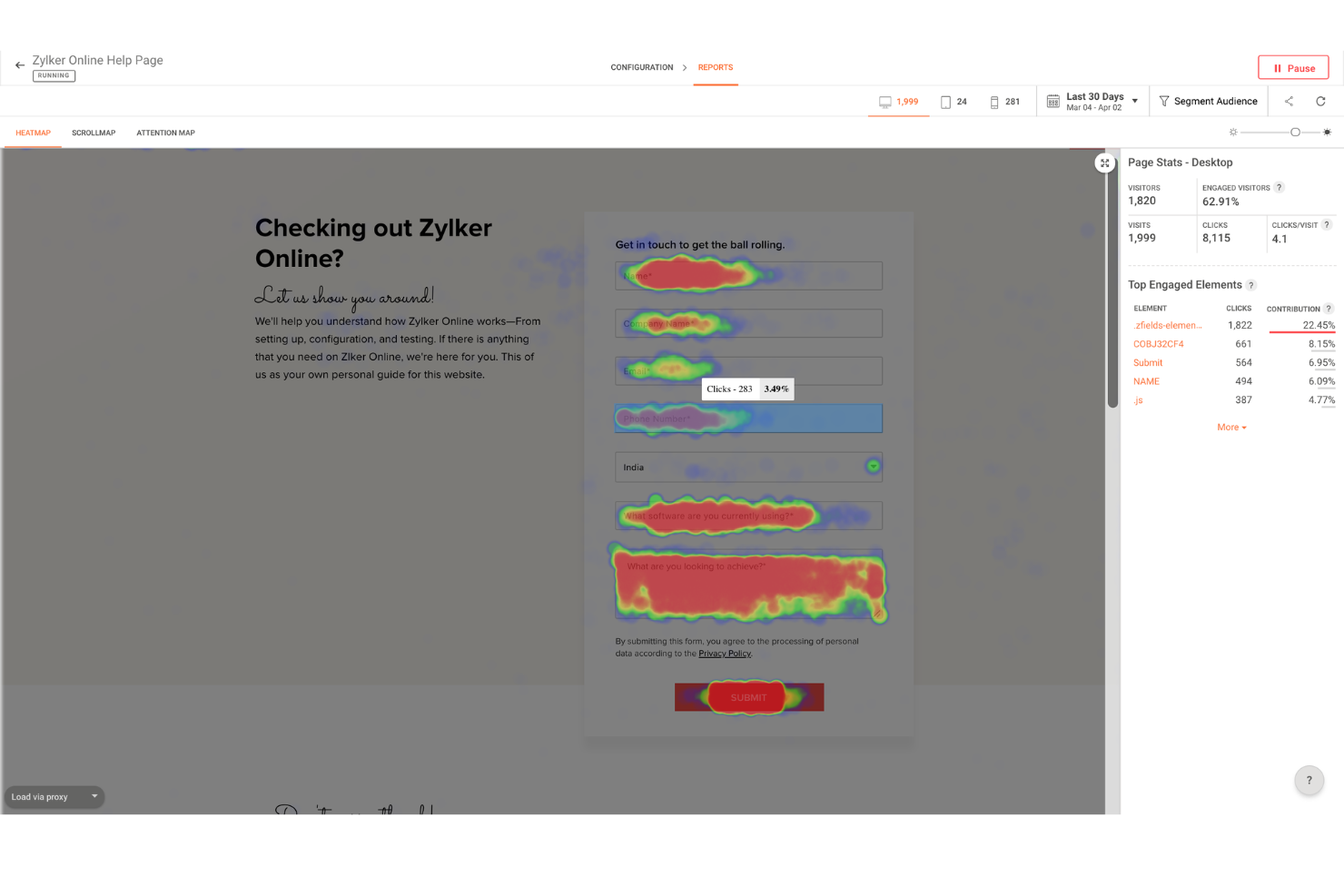 Zoho Pagesense screenshot - 10 Beste Heatmap-Software-Tools im Vergleich 2026