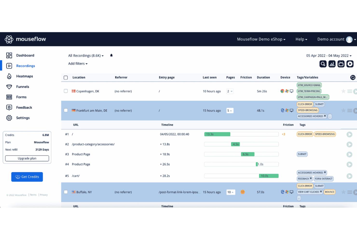 Mouseflow screenshot - Les 10 meilleurs tableaux de bord d’analytique produit de 2026