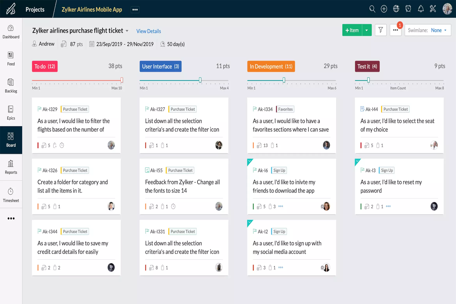 Zoho Sprints screenshot - 10 meilleurs outils Kanban pour l’efficacité des flux de travail 2026