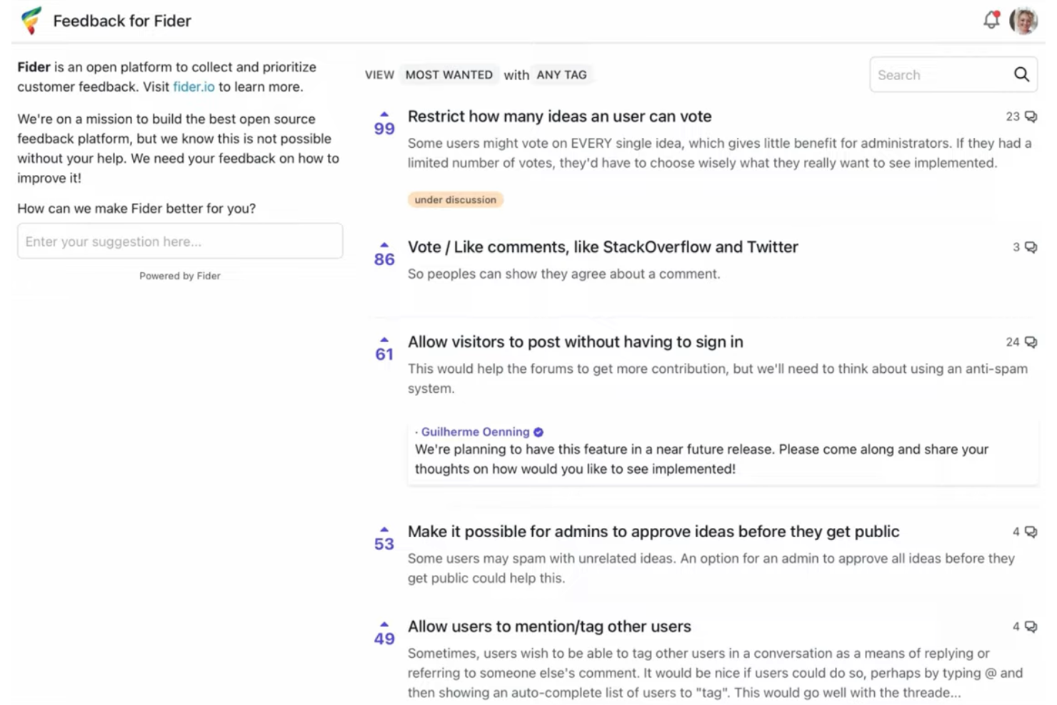 Fider screenshot - 10 migliori soluzioni open source per la gestione delle idee nel 2026