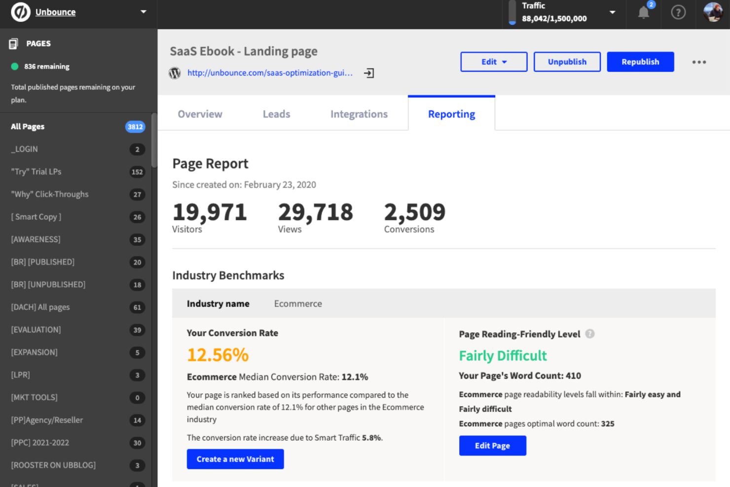 Unbounce screenshot - 10 strumenti per i test A/B sui siti web da utilizzare per esperimenti migliori nel 2026