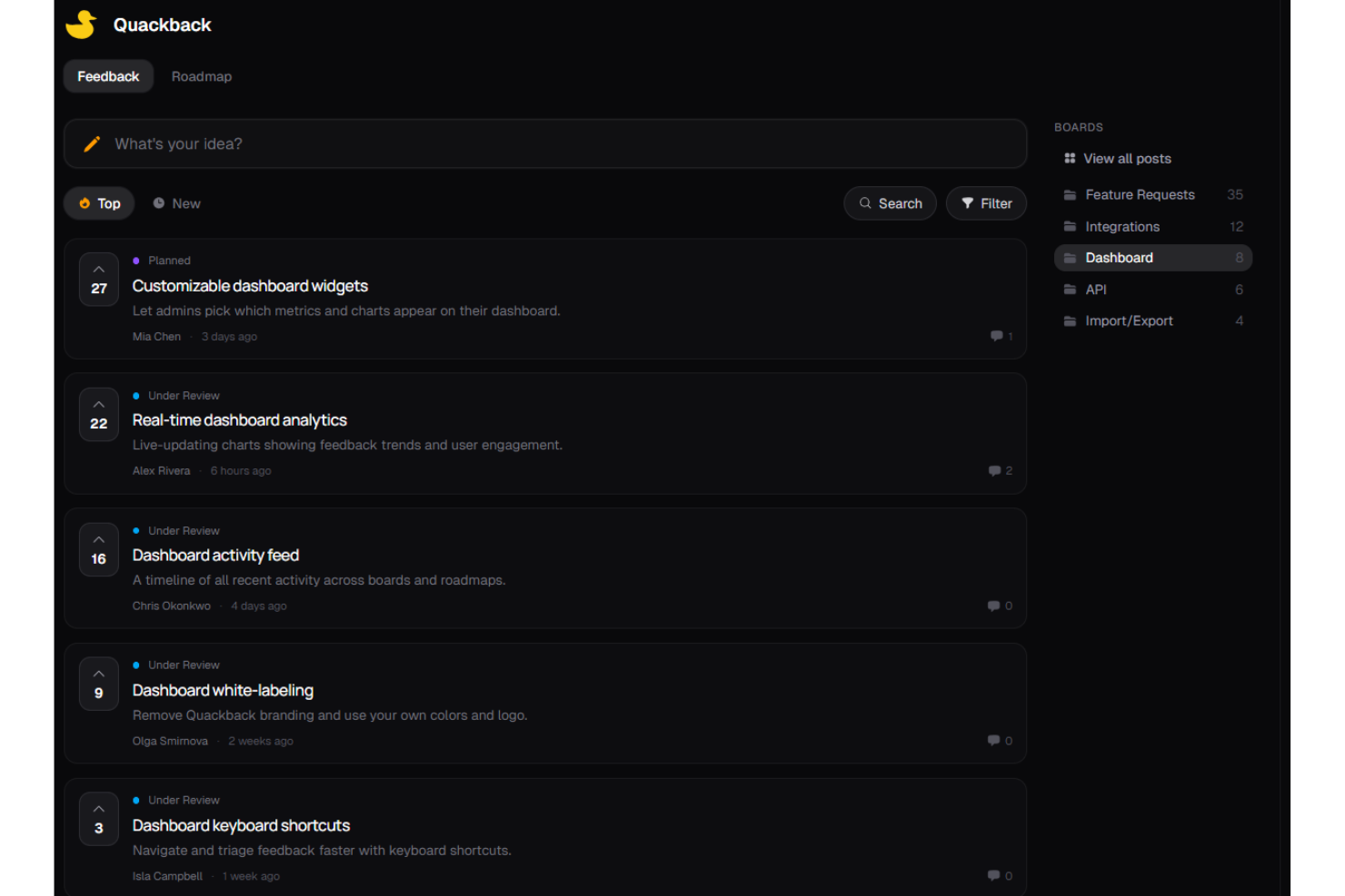 Quackback screenshot - 10 migliori soluzioni open source per la gestione delle idee nel 2026